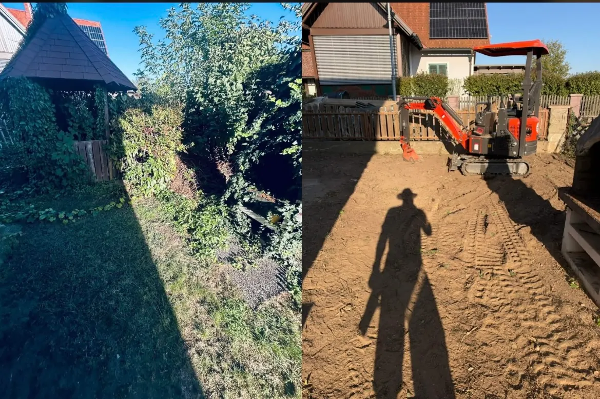 Vorher-Nachher-Vergleich der Gartenfreiräumung mit Kleinbagger in Leibnitz