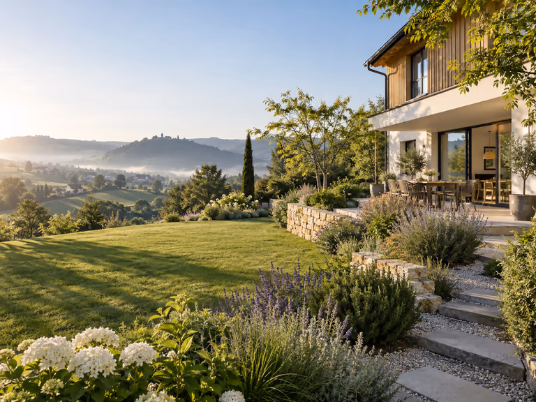 Illustrative Haus- und Gartenansicht in der Südsteiermark