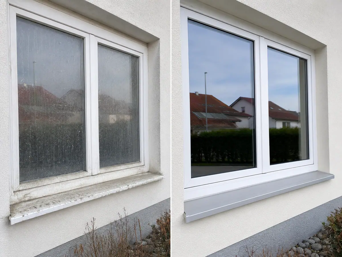 Vorher-Nachher-Vergleich eines außen gereinigten Fensters mit Rahmen und Fensterbank im Raum Leibnitz