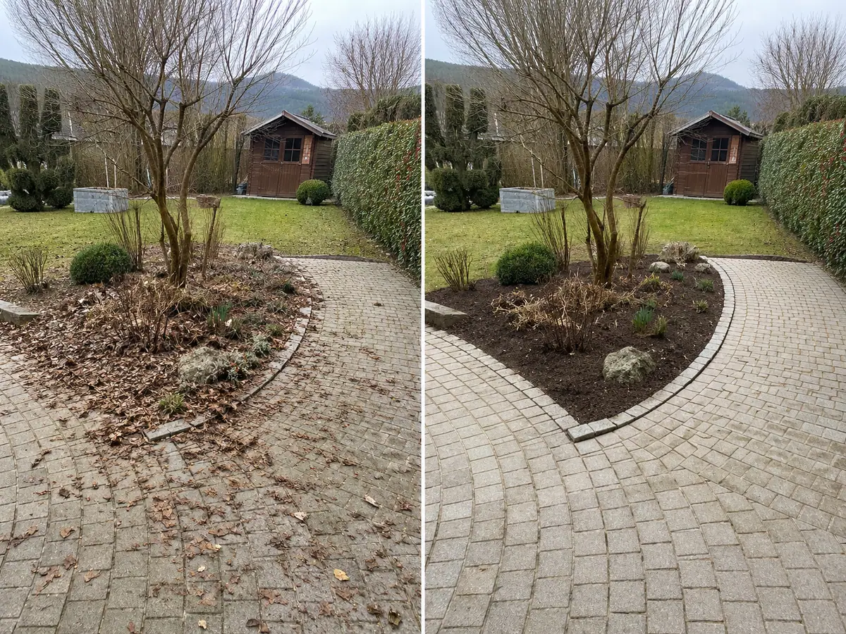 Vorher-Nachher-Vergleich eines gereinigten Gartenbeets und gepflasterten Wegs in der Südsteiermark
