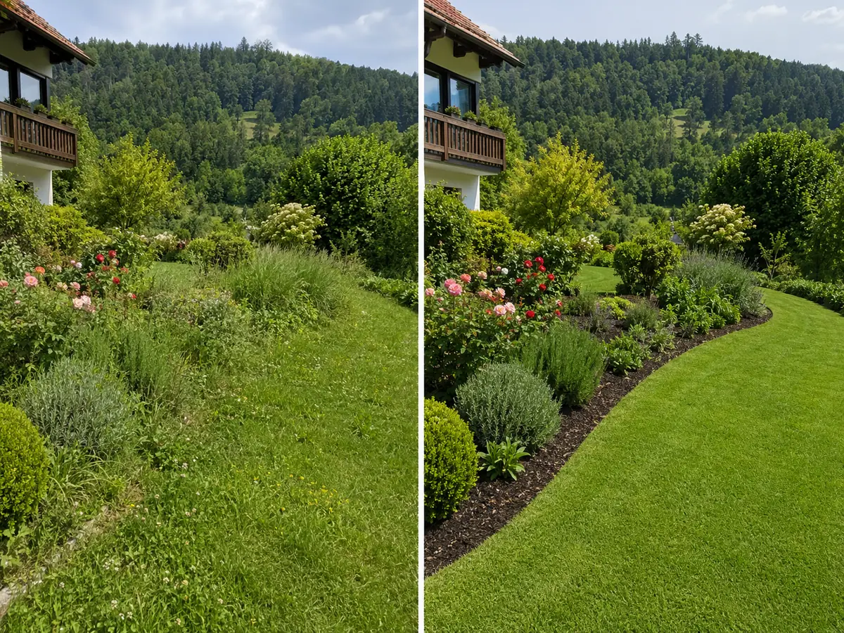 Vorher-Nachher-Vergleich eines gemähten Rasens mit freigestellten Beeten in der Südsteiermark