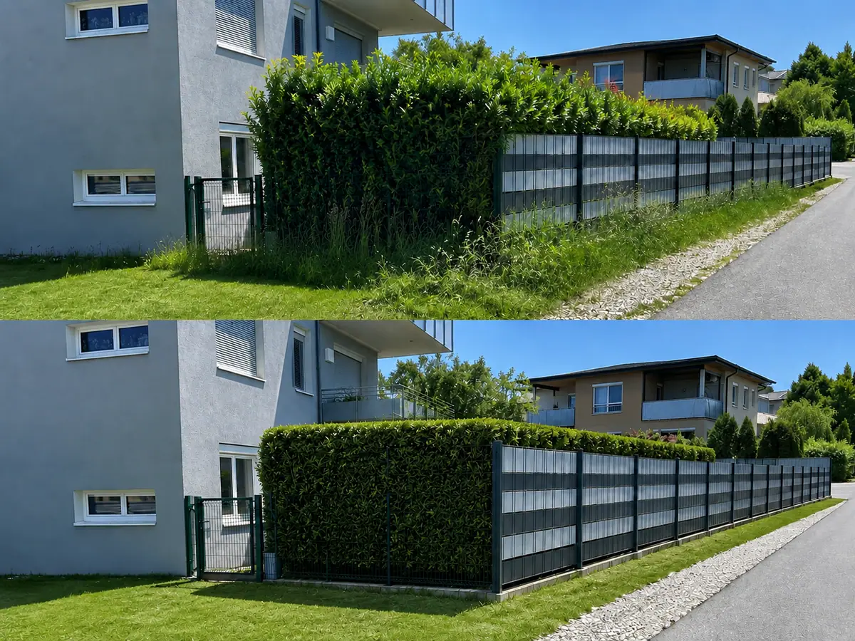 Vorher-Nachher-Vergleich einer geschnittenen Hecke und gepflegten Grundstücksgrenze in der Südsteiermark