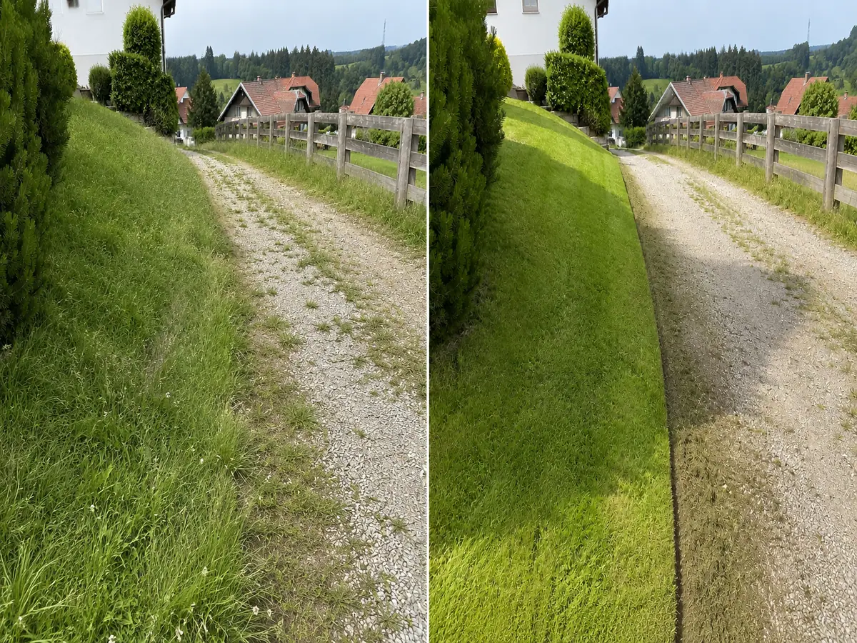 Vorher-Nachher-Vergleich einer gemähten Böschung und sauberen Rasenkante an einer Schotterzufahrt im Raum Leibnitz